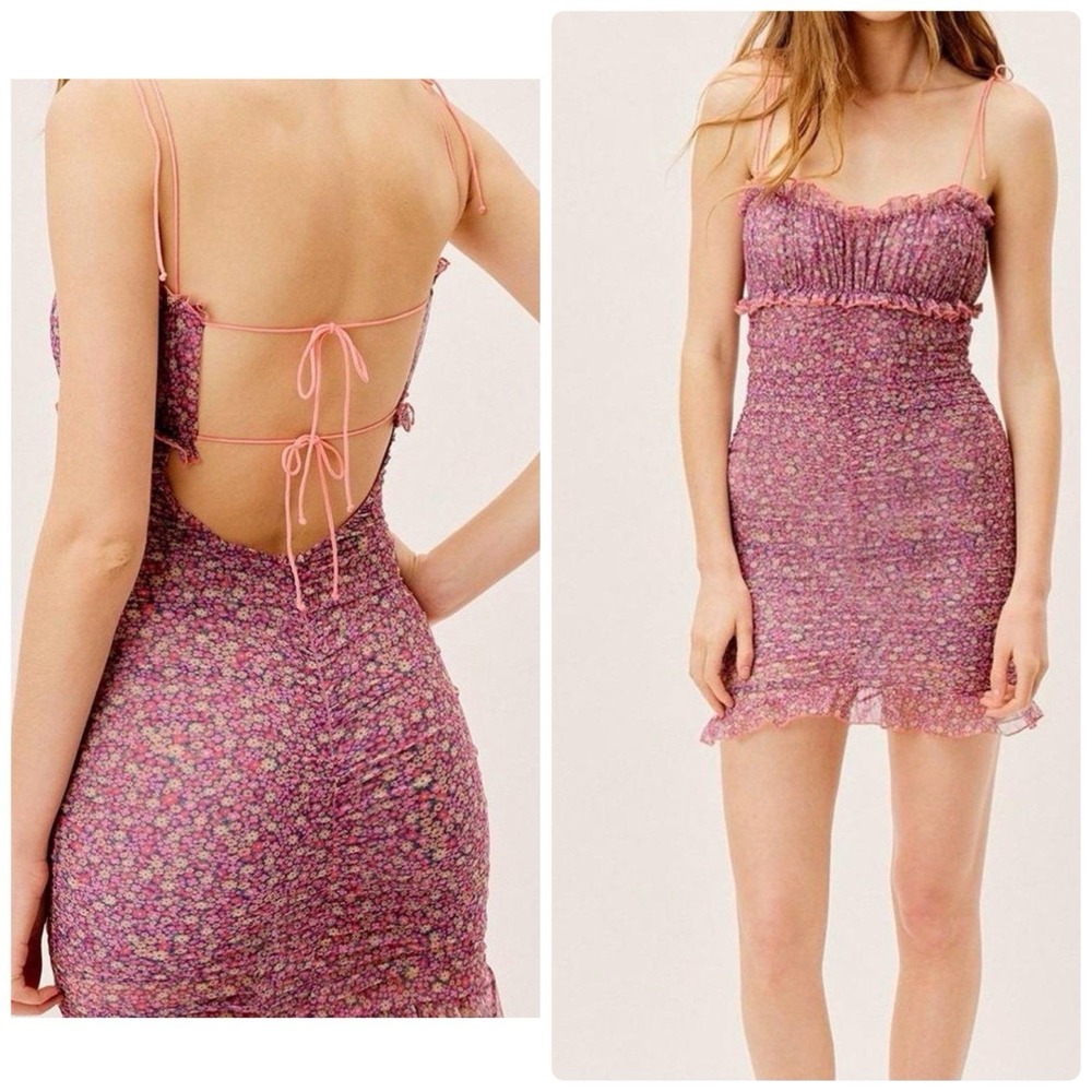 For Love And Lemons Nadia Sheer Slip Mini Dress Size Large Floral Ruched Ruffle